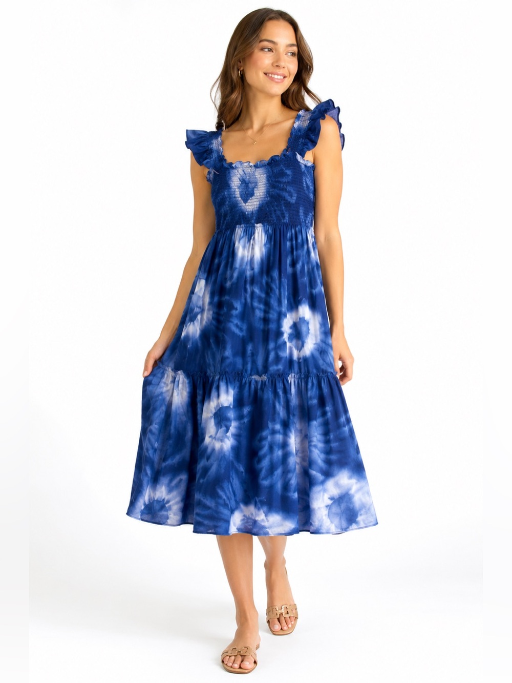 Tuckernuck Blue Tie Dye Smocked Midi Dress Ruffle Straps Size Small